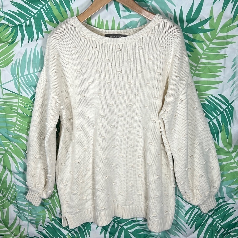 Harper grey oversized maternity Pom Pom sweater, size Large, off white -FLAWED